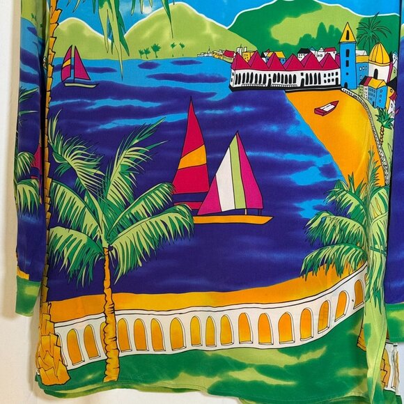 Diane Gilman Women's 100% Silk Blouse Tropical Size Medium Palm Trees, Sail Boat - Picture 7 of 15